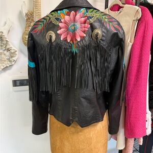 PIONEER Black Leather Jacket with Floral Embroidery